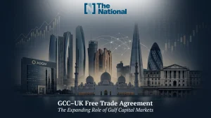 Illustration of the GCC–UK free trade agreement representing Gulf and UK financial markets, institutional investment, and global capital flows