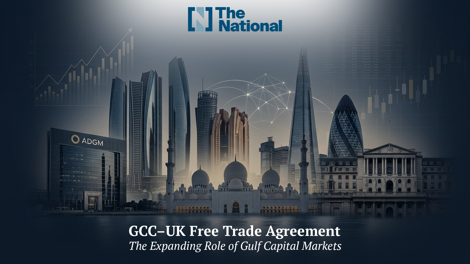 Illustration of the GCC–UK free trade agreement representing Gulf and UK financial markets, institutional investment, and global capital flows