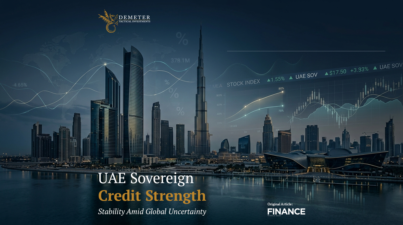 Illustration representing UAE sovereign credit strength, economic resilience, and institutional investment confidence in Gulf financial markets